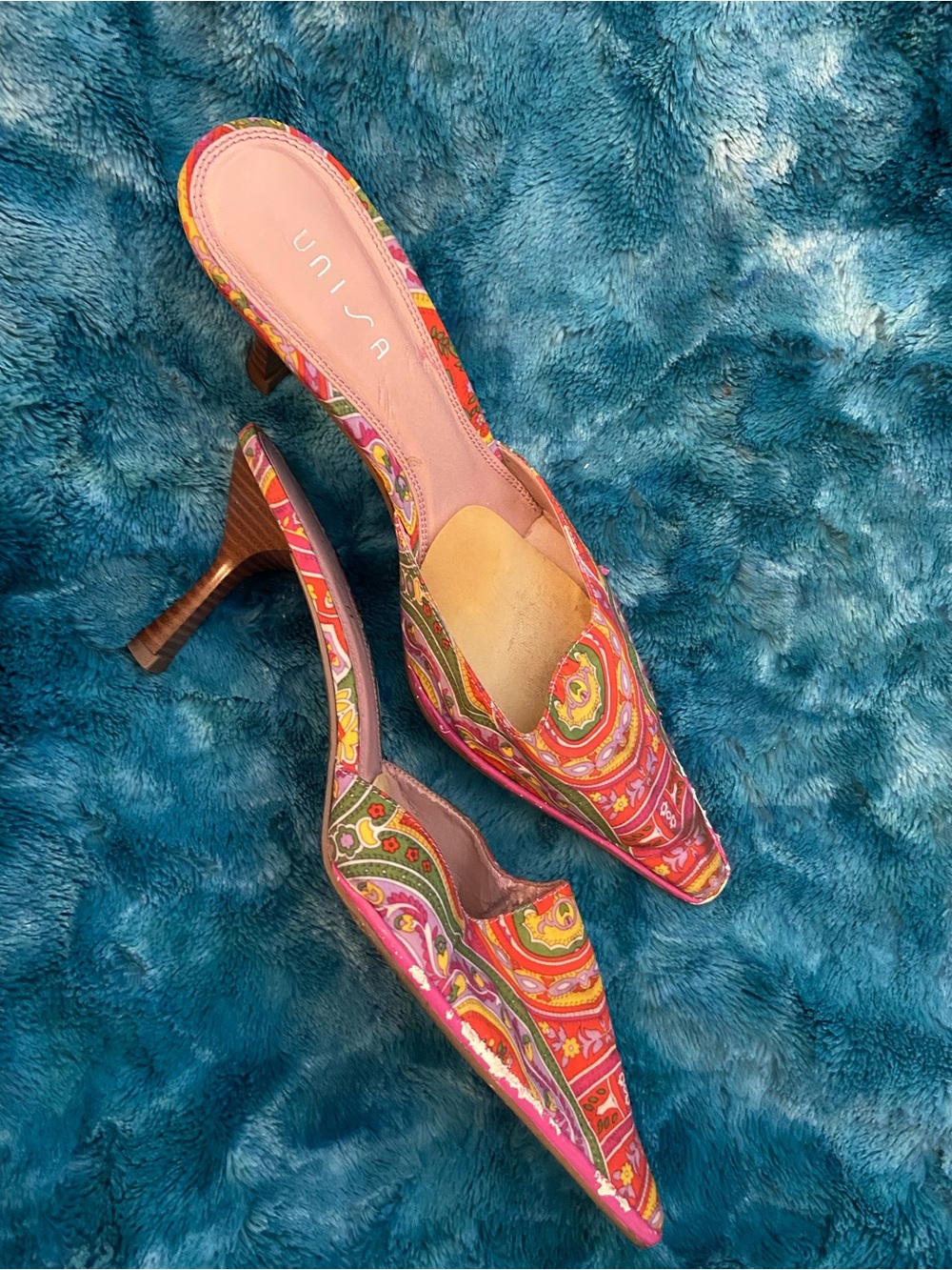 Vintage Unisa Y2K Paisley Pointed Toe Kitten Heel Mules | Size 8